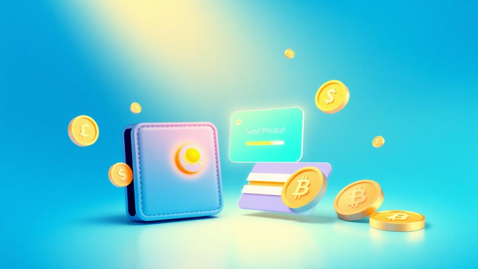 Colorful illustration of a crypto wallet, seed phrase card and coins