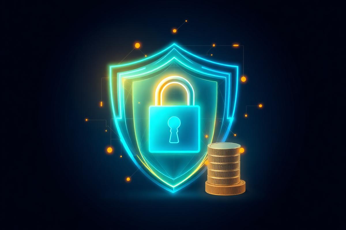 Glowing shield and padlock protecting coins